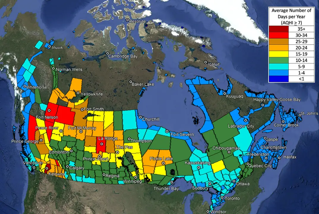 Map of Canada showing average number of days per year with AQHI >= 7
